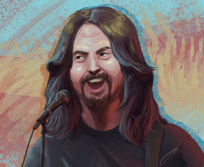 A portrait of Dave Grohl singing into a microphone