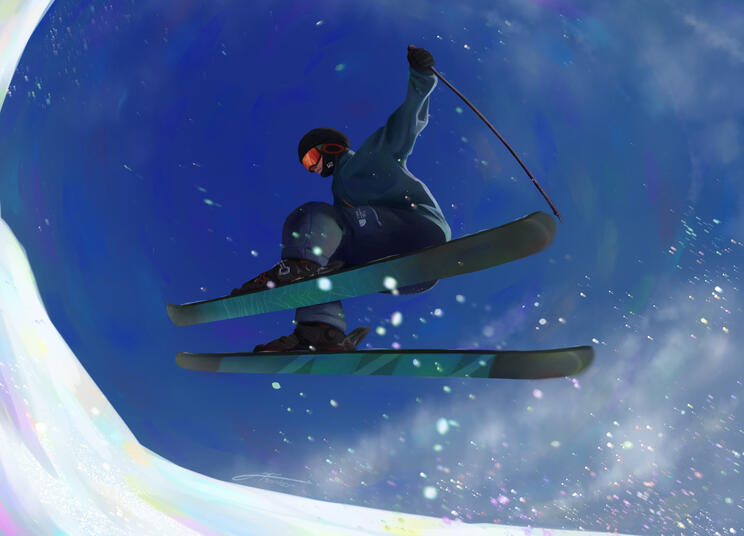 An airborne man in ski gear surrounded by snow and deep blue sky