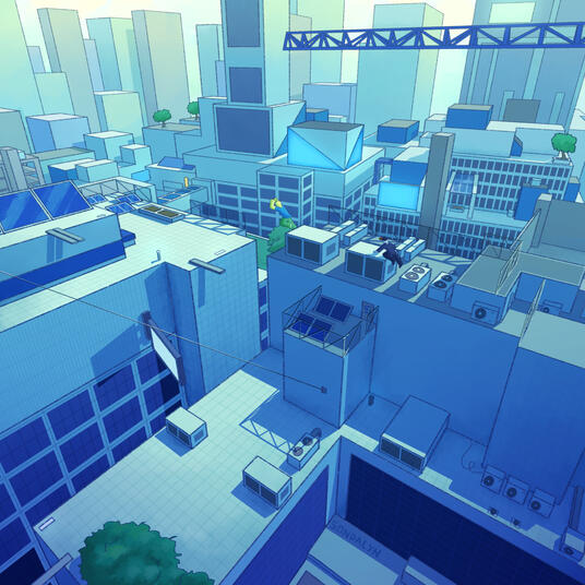 A city with a blue tint featuring two individuals parkouring over the rooftops