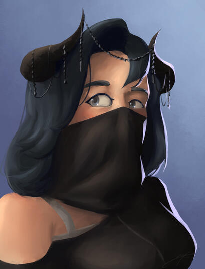 A portrait of a woman with long, black hair and horns adorned with jewelry, also wearing a black mask
