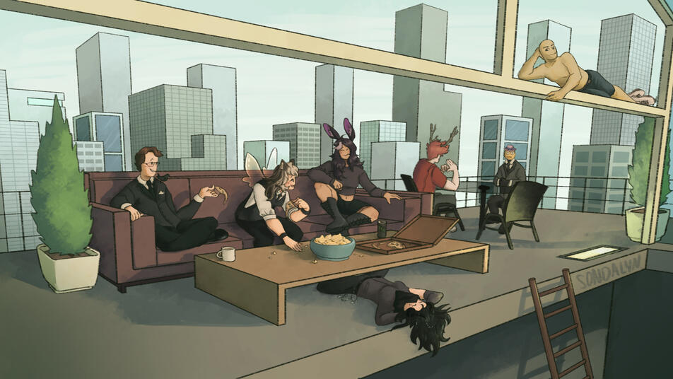 Several characters hanging out on a building's rooftop enjoying snacks