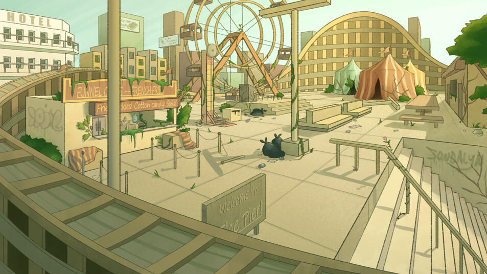 An abandoned, overgrown theme park