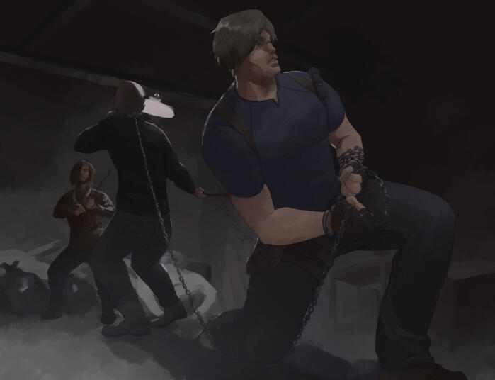 Leon Kennedy and Luis Serra fighting an enemy using a chain
