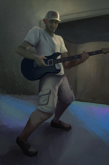 A man in a white cap, t-shirt, and cargo shorts playing guitar with a grin on his face